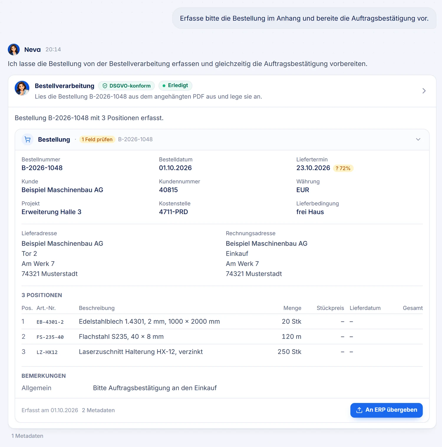Cliente de MadeForPrivacy: Neva registra un pedido a partir del PDF adjunto y lo muestra como una ficha de pedido editable con datos de cabecera y líneas